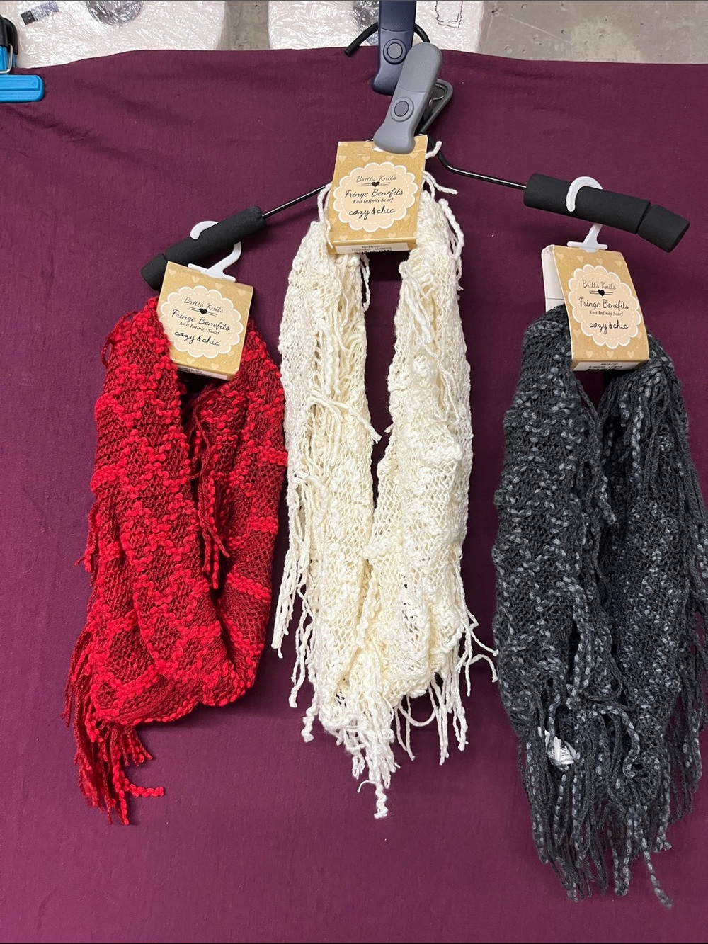 Fringe Infinity Scarf - Red, Cream, Charcoal